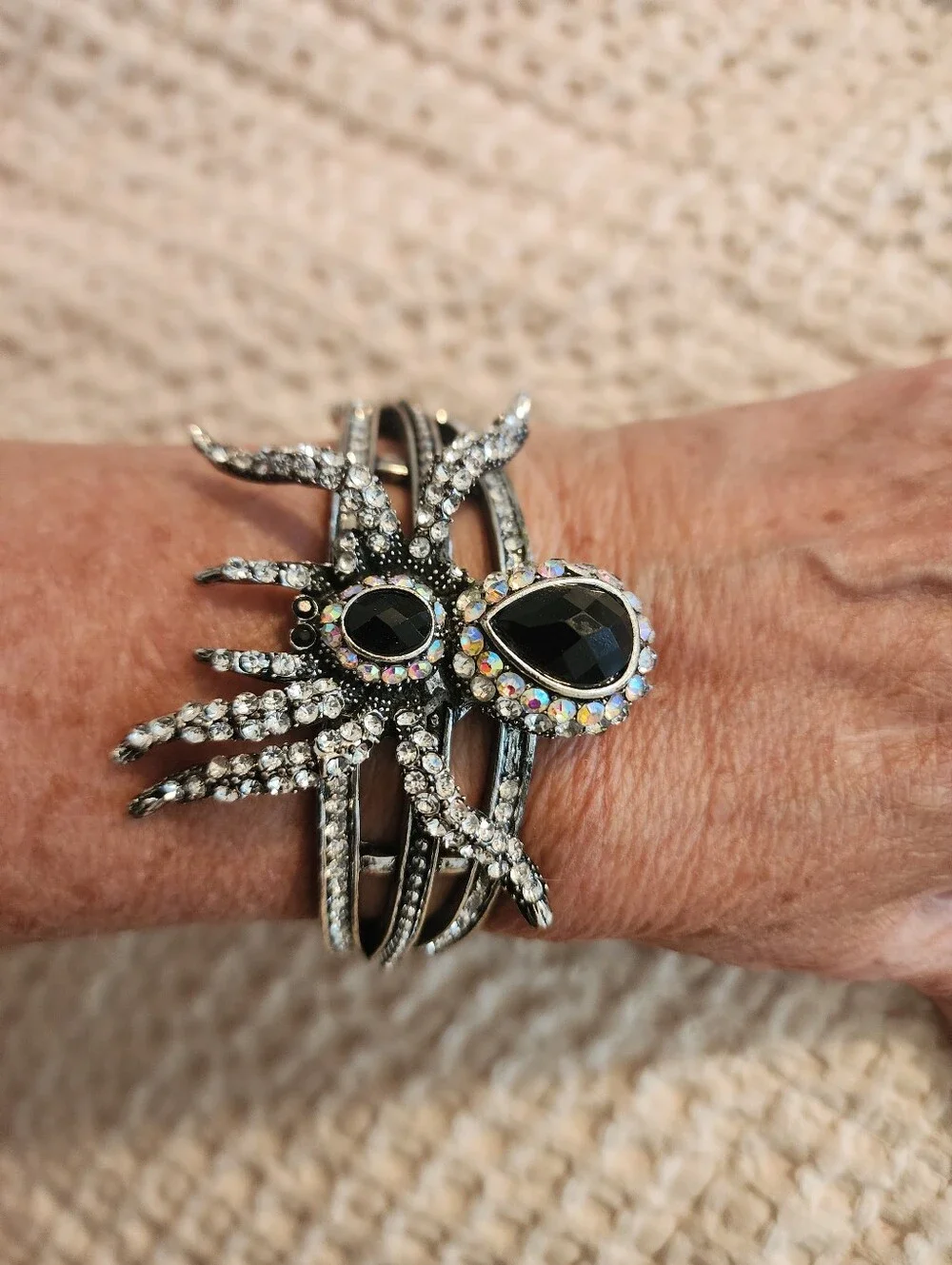 Ornate Vintage Black Rhinestone Silver Spider Clamp Style Bracelet Halloween